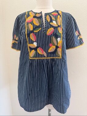 MADEWELL Fable Navy Pinstripe Tunic with Colorful Leaf Embroidery
